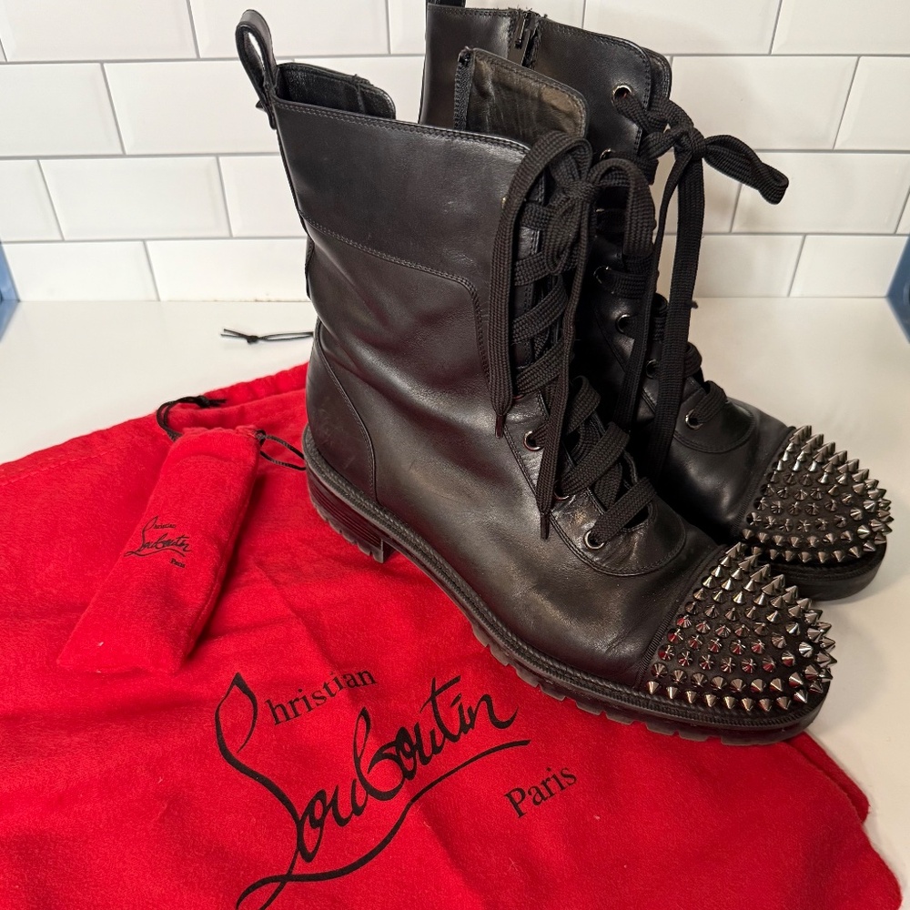 Christian Louboutin Black Leather Studded Combat Boots